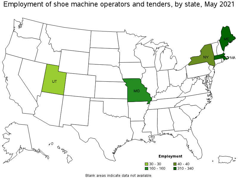 Map of employment of shoe machine operators and tenders by state, May 2021