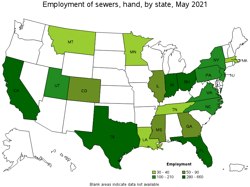 Map of employment of sewers, hand by state, May 2021