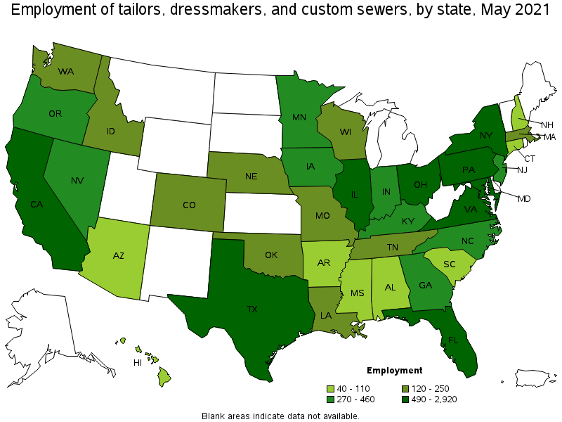 Map of employment of tailors, dressmakers, and custom sewers by state, May 2021