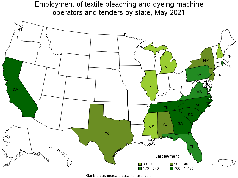 Map of employment of textile bleaching and dyeing machine operators and tenders by state, May 2021