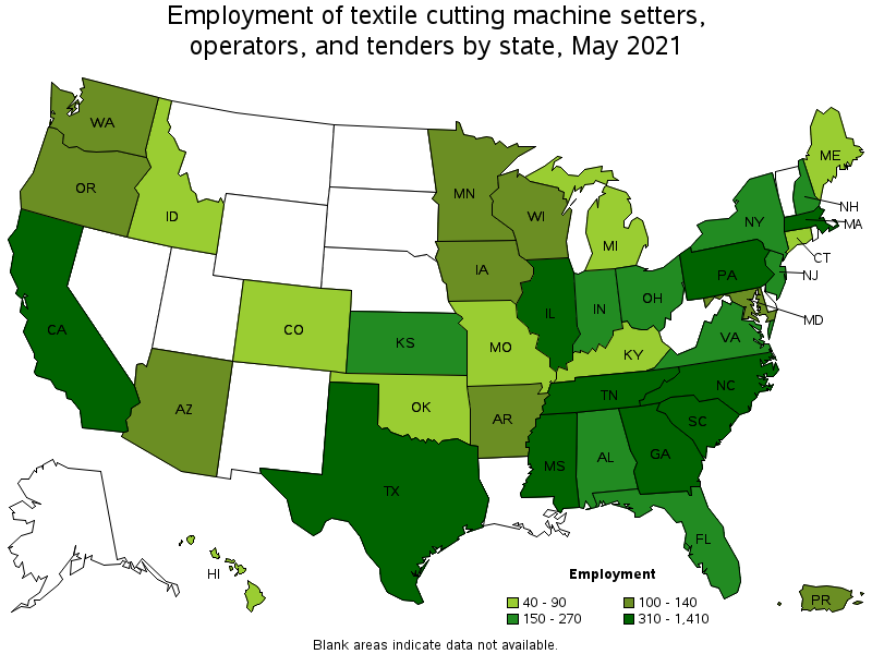 Map of employment of textile cutting machine setters, operators, and tenders by state, May 2021