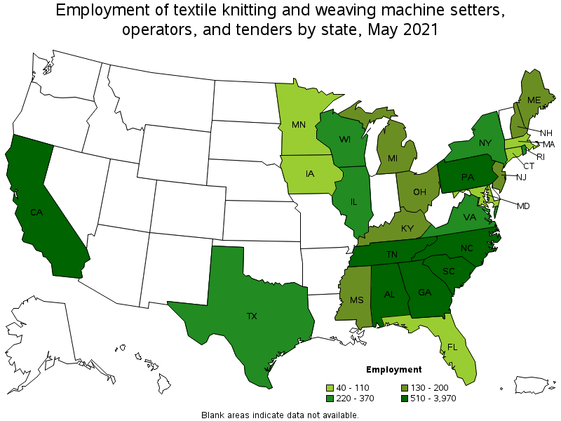 Map of employment of textile knitting and weaving machine setters, operators, and tenders by state, May 2021