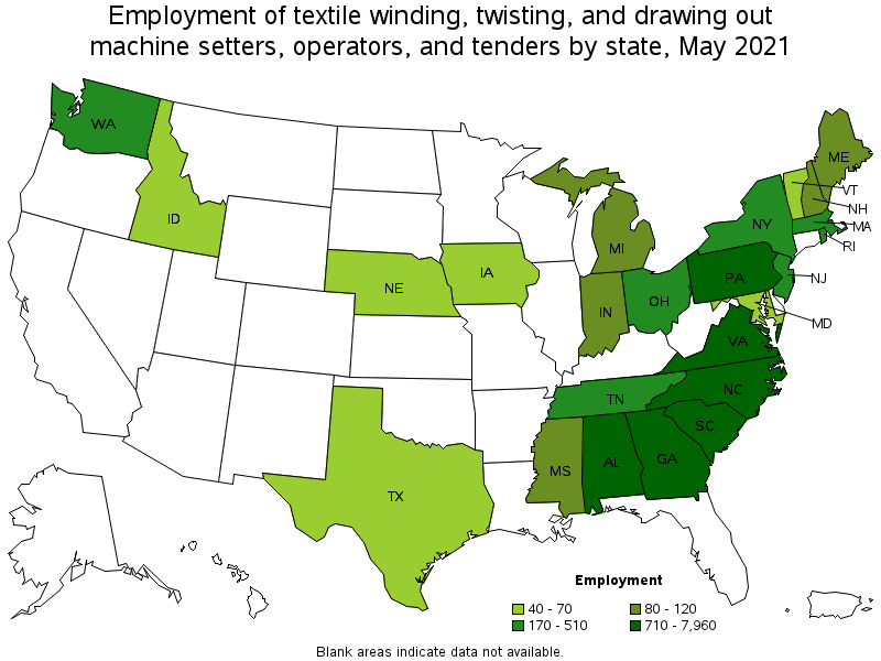 Map of employment of textile winding, twisting, and drawing out machine setters, operators, and tenders by state, May 2021