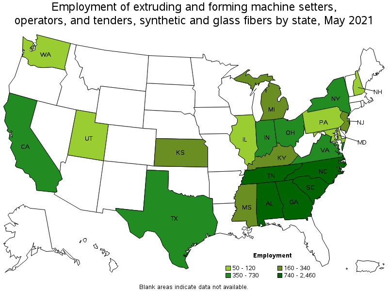 Map of employment of extruding and forming machine setters, operators, and tenders, synthetic and glass fibers by state, May 2021