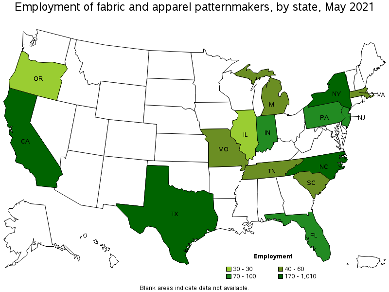 Map of employment of fabric and apparel patternmakers by state, May 2021