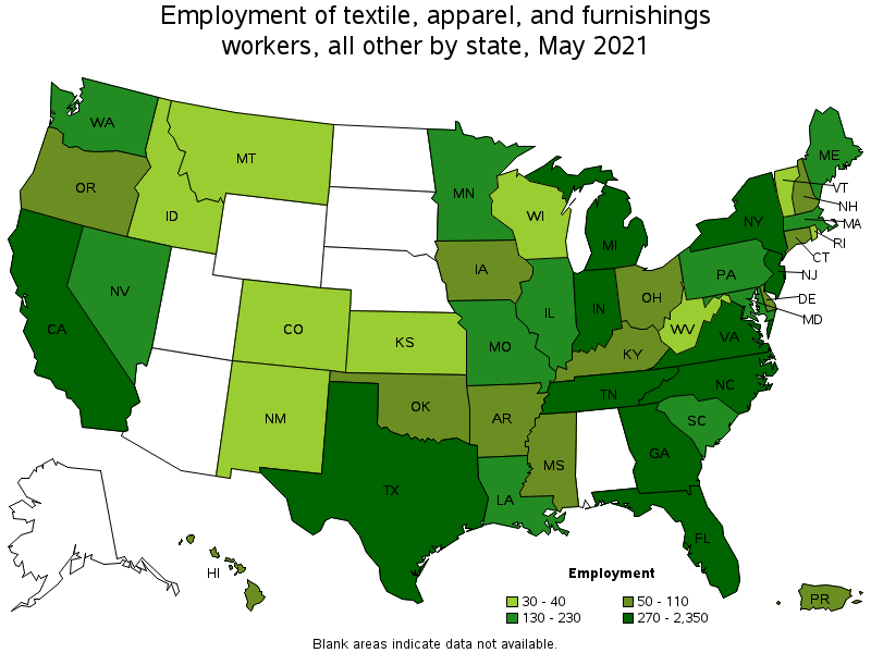 Map of employment of textile, apparel, and furnishings workers, all other by state, May 2021