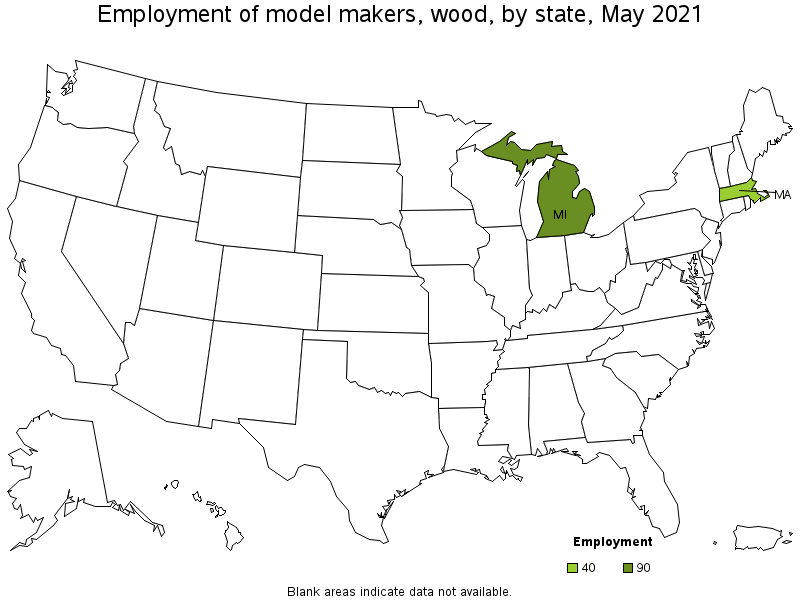 Map of employment of model makers, wood by state, May 2021