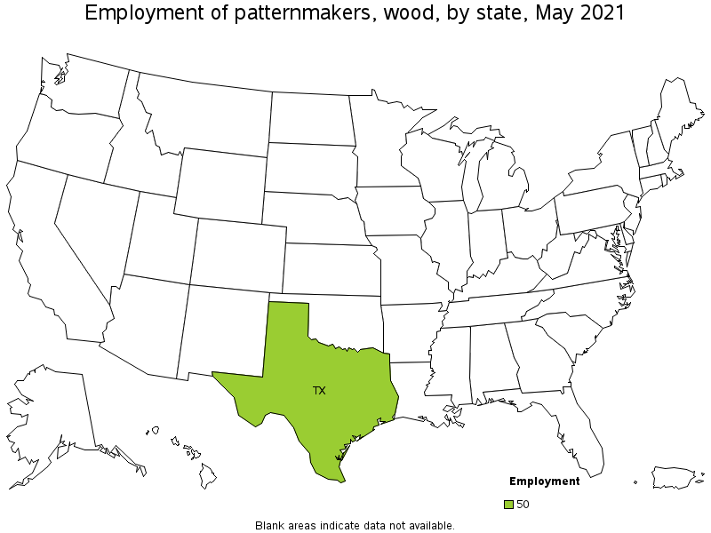 Map of employment of patternmakers, wood by state, May 2021