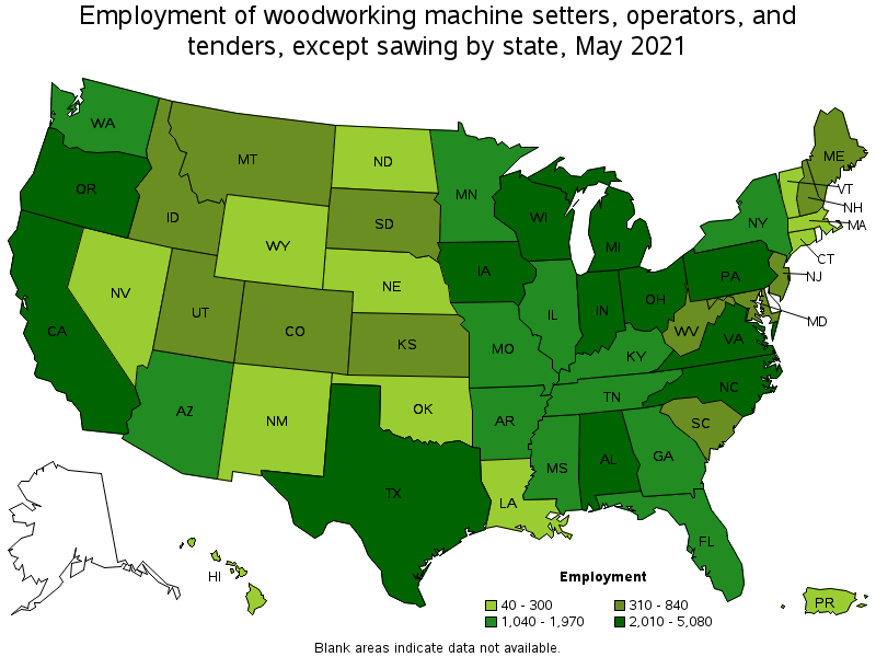 Map of employment of woodworking machine setters, operators, and tenders, except sawing by state, May 2021