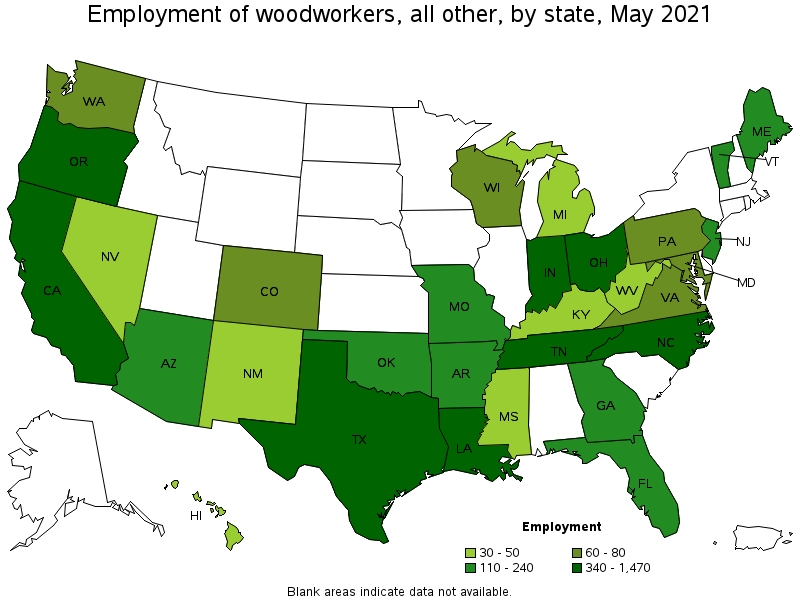 Map of employment of woodworkers, all other by state, May 2021