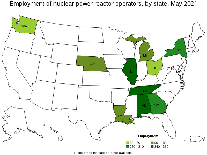 Map of employment of nuclear power reactor operators by state, May 2021
