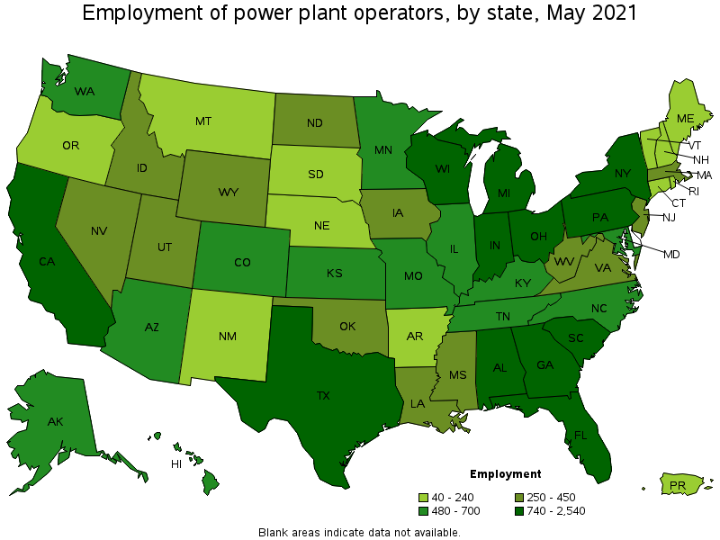 Map of employment of power plant operators by state, May 2021