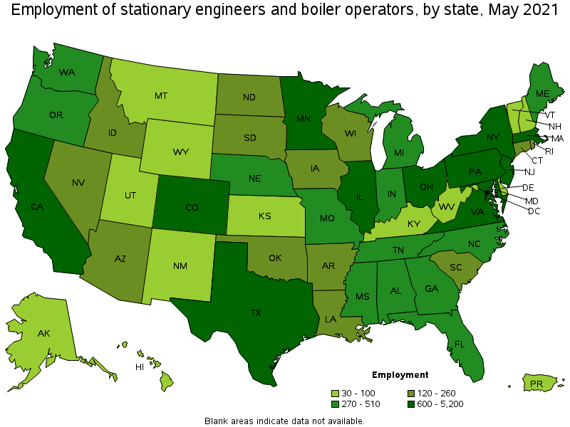 Map of employment of stationary engineers and boiler operators by state, May 2021