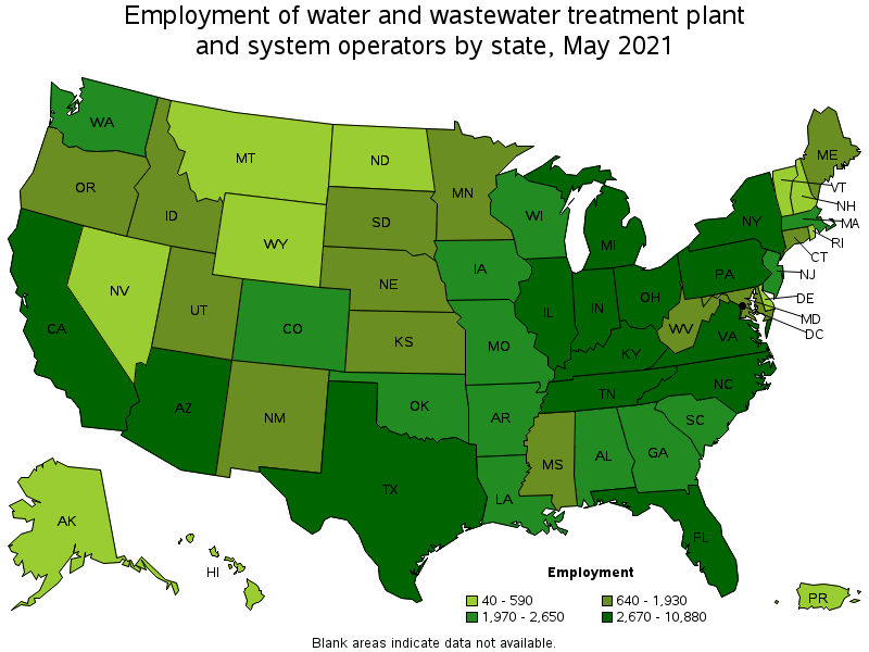 Map of employment of water and wastewater treatment plant and system operators by state, May 2021