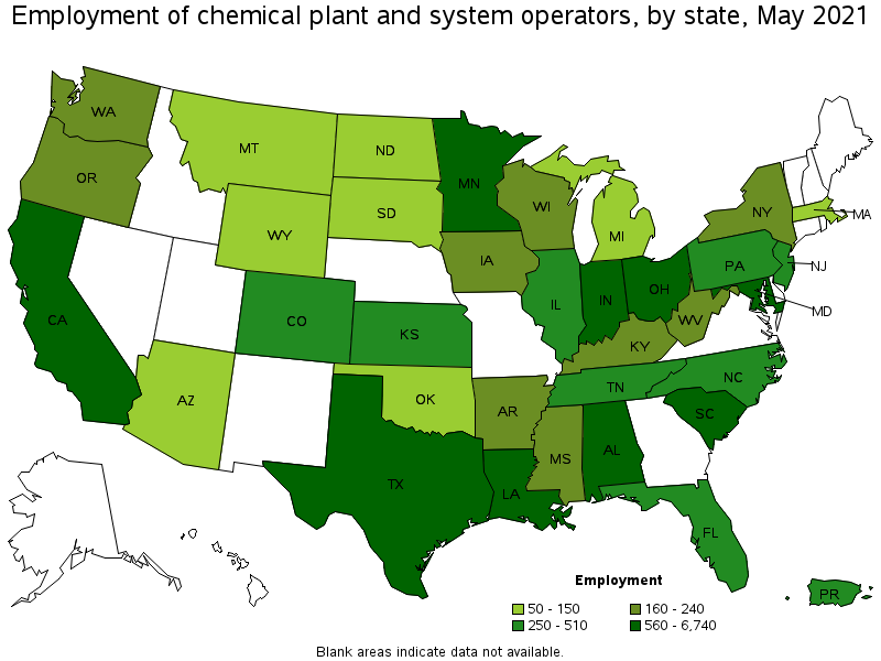 Map of employment of chemical plant and system operators by state, May 2021