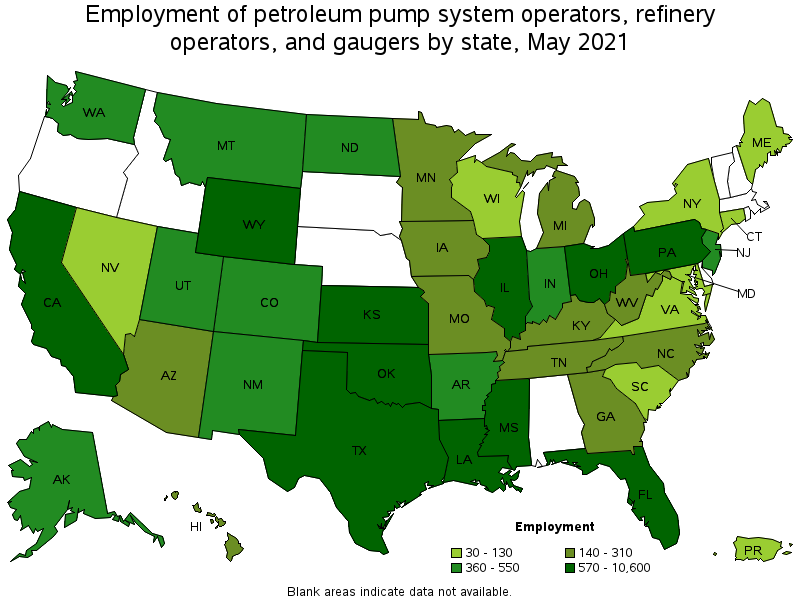 Map of employment of petroleum pump system operators, refinery operators, and gaugers by state, May 2021