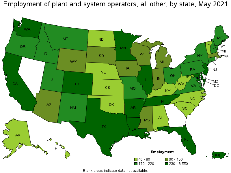 Map of employment of plant and system operators, all other by state, May 2021