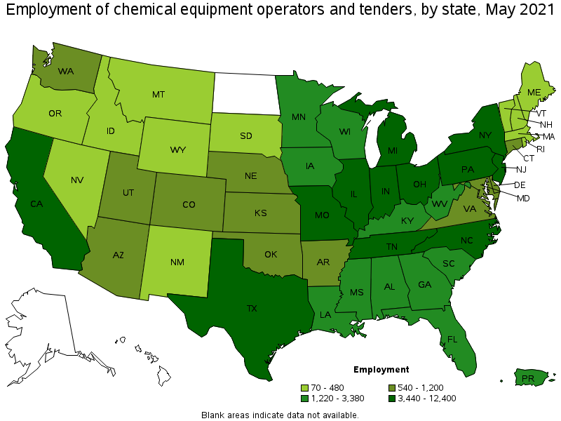 Map of employment of chemical equipment operators and tenders by state, May 2021