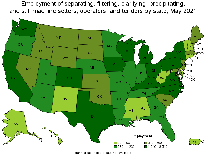Map of employment of separating, filtering, clarifying, precipitating, and still machine setters, operators, and tenders by state, May 2021