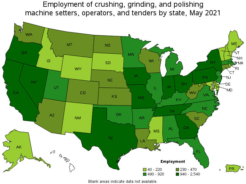 Map of employment of crushing, grinding, and polishing machine setters, operators, and tenders by state, May 2021