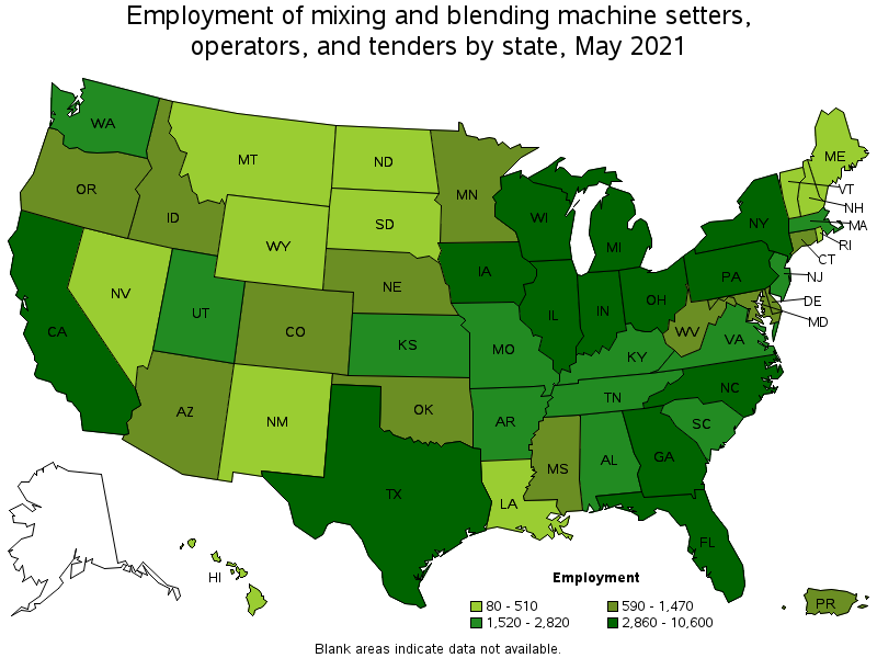 Map of employment of mixing and blending machine setters, operators, and tenders by state, May 2021