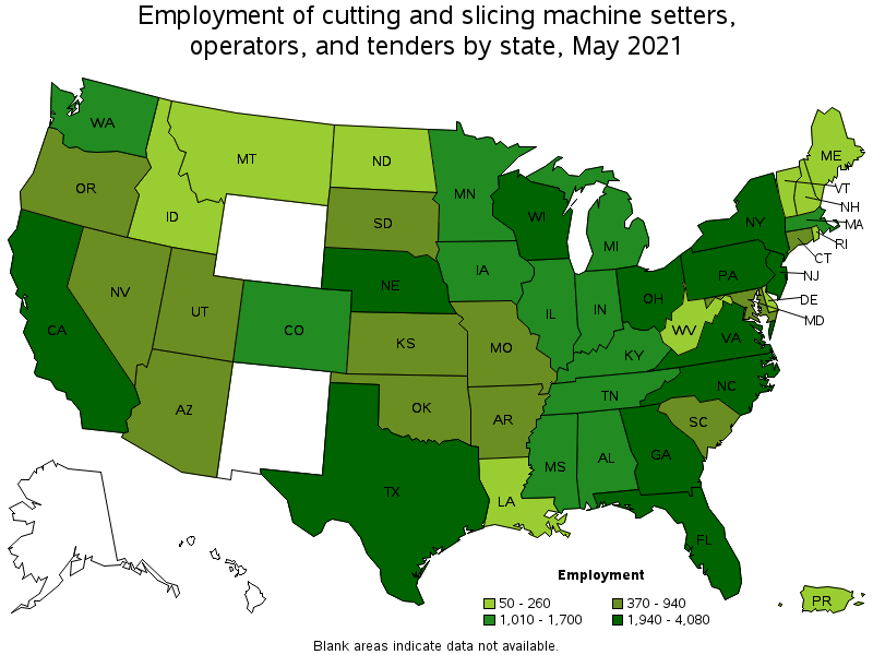 Map of employment of cutting and slicing machine setters, operators, and tenders by state, May 2021