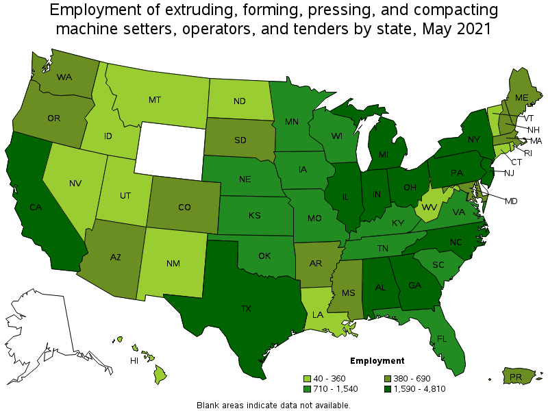 Map of employment of extruding, forming, pressing, and compacting machine setters, operators, and tenders by state, May 2021