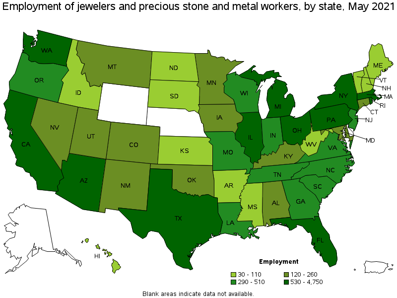 Map of employment of jewelers and precious stone and metal workers by state, May 2021