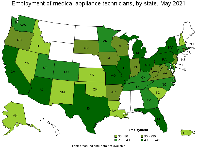 Map of employment of medical appliance technicians by state, May 2021