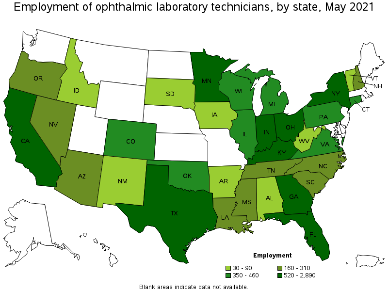 Map of employment of ophthalmic laboratory technicians by state, May 2021