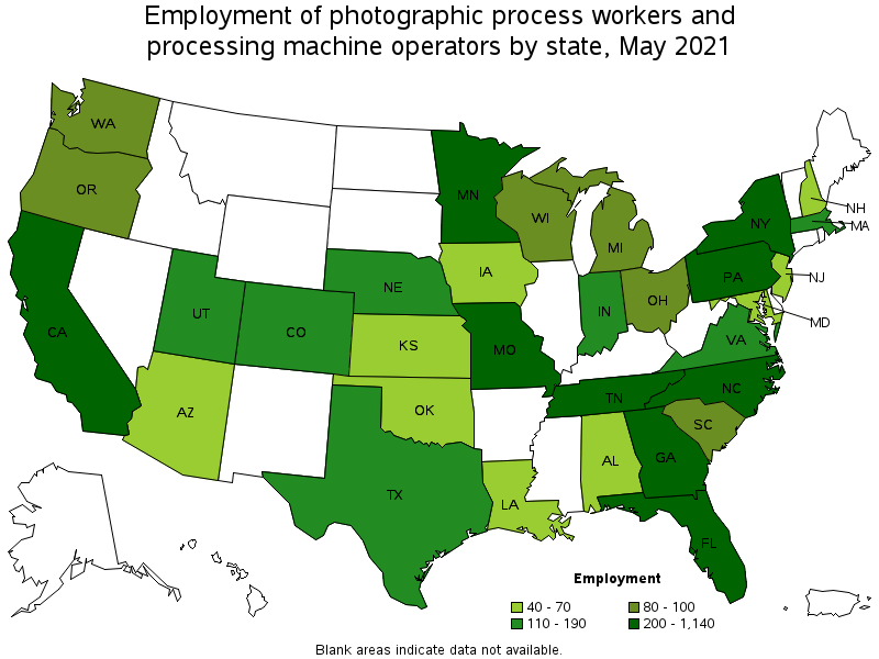 Map of employment of photographic process workers and processing machine operators by state, May 2021