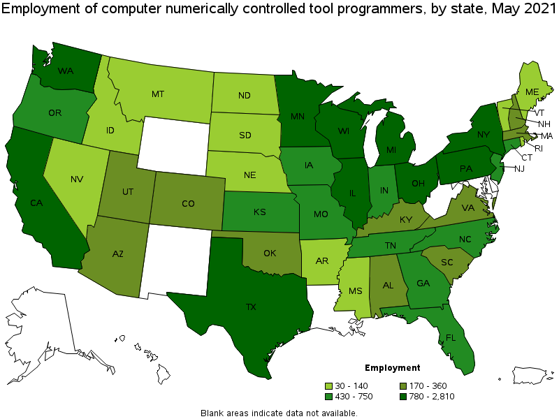 Map of employment of computer numerically controlled tool programmers by state, May 2021