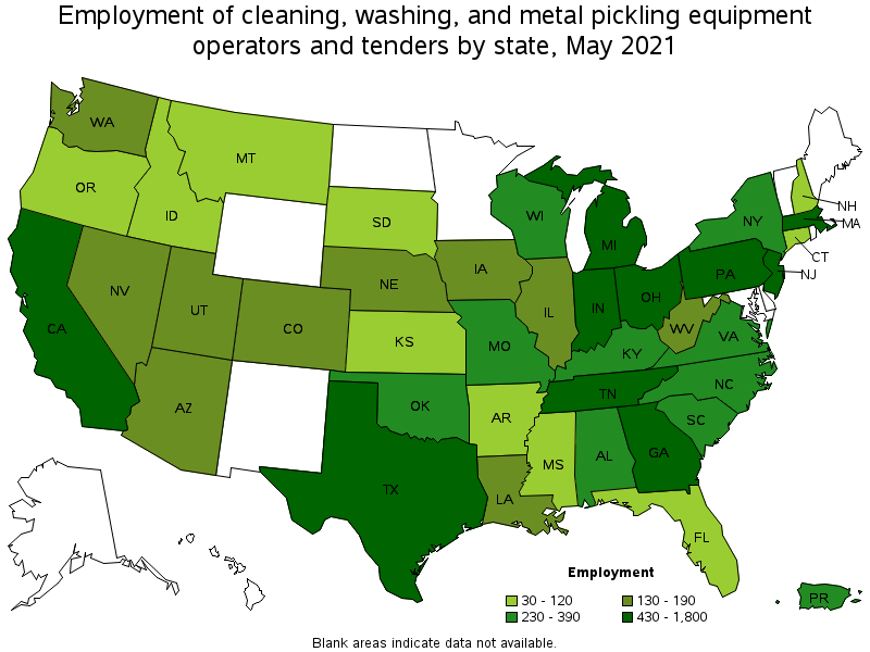 Map of employment of cleaning, washing, and metal pickling equipment operators and tenders by state, May 2021