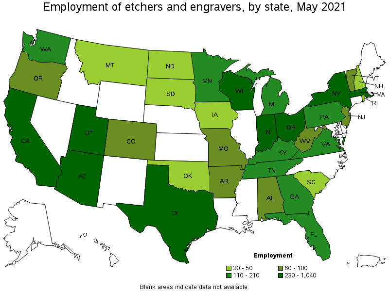 Map of employment of etchers and engravers by state, May 2021