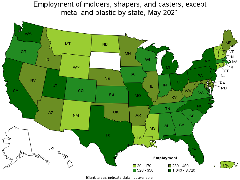 Map of employment of molders, shapers, and casters, except metal and plastic by state, May 2021