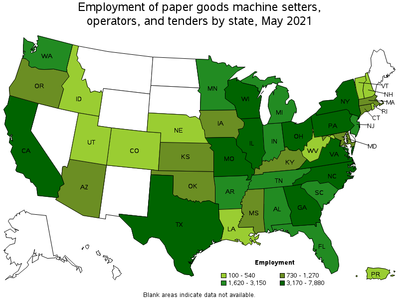 Map of employment of paper goods machine setters, operators, and tenders by state, May 2021