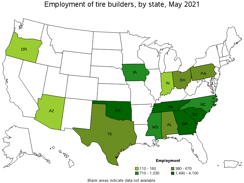 Map of employment of tire builders by state, May 2021