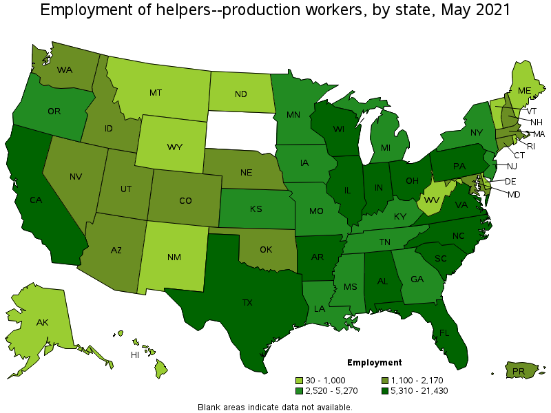 Map of employment of helpers--production workers by state, May 2021