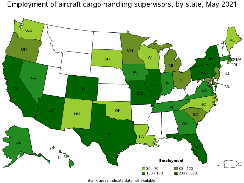 Map of employment of aircraft cargo handling supervisors by state, May 2021