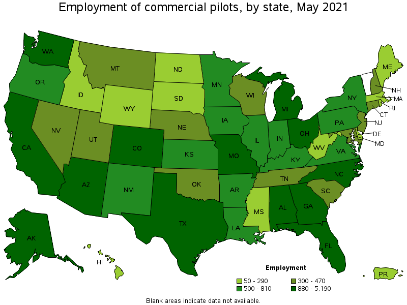 Map of employment of commercial pilots by state, May 2021