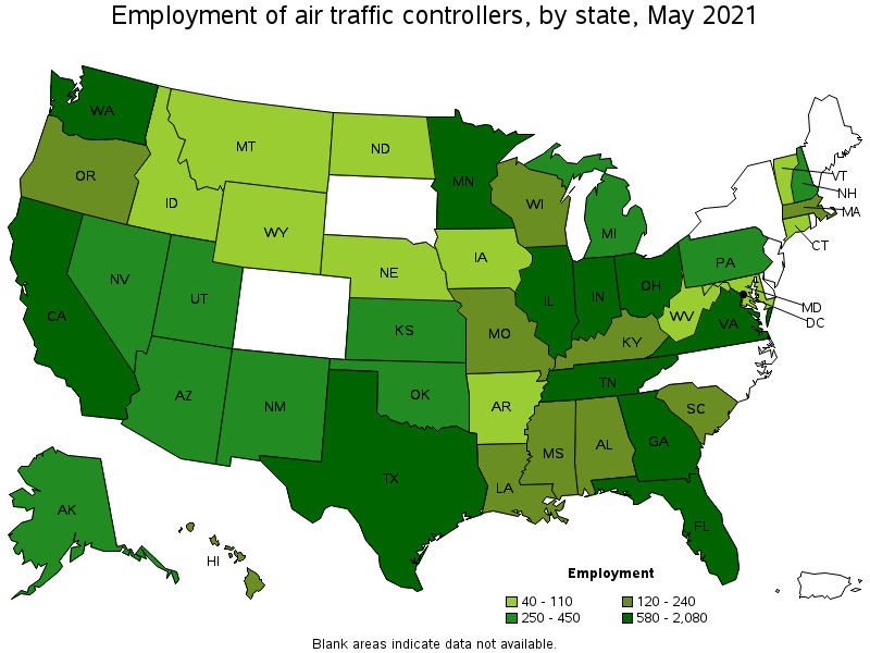Map of employment of air traffic controllers by state, May 2021
