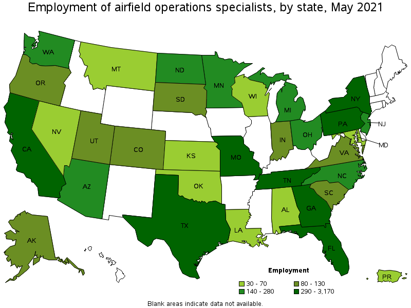 Map of employment of airfield operations specialists by state, May 2021