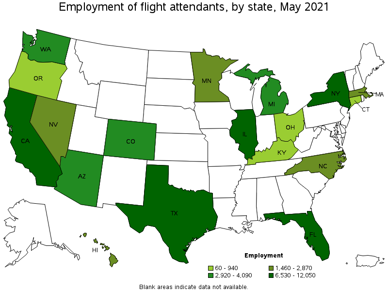 Map of employment of flight attendants by state, May 2021