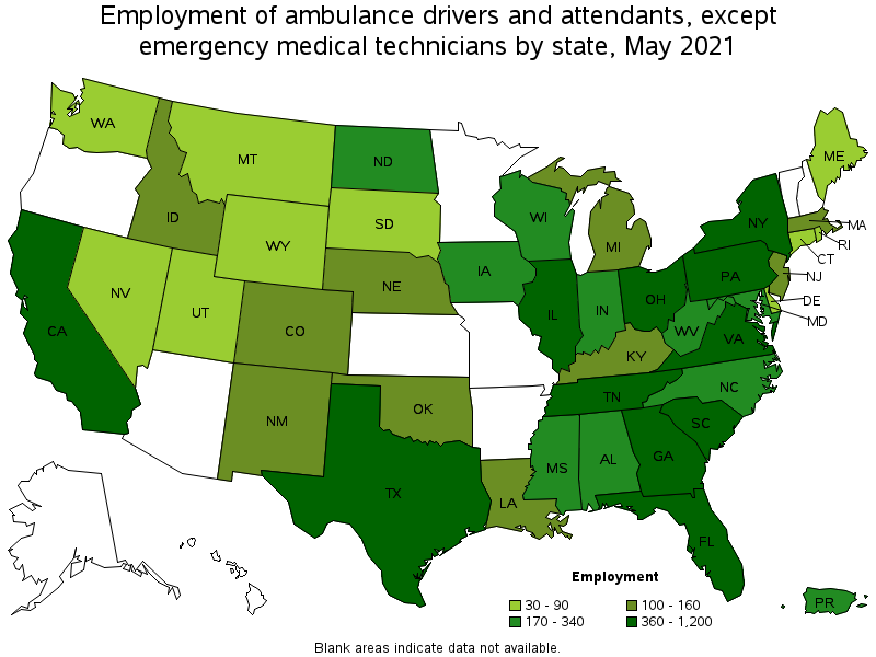 Map of employment of ambulance drivers and attendants, except emergency medical technicians by state, May 2021