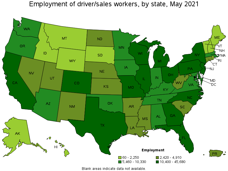 Map of employment of driver/sales workers by state, May 2021