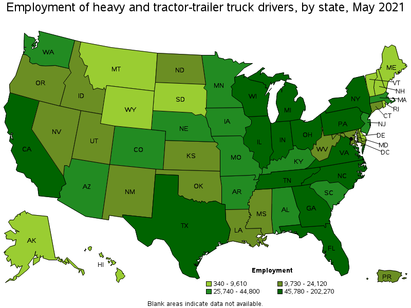 Map of employment of heavy and tractor-trailer truck drivers by state, May 2021