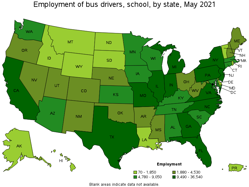 Map of employment of bus drivers, school by state, May 2021