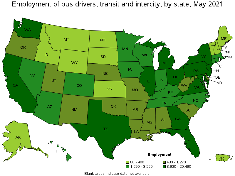 Map of employment of bus drivers, transit and intercity by state, May 2021