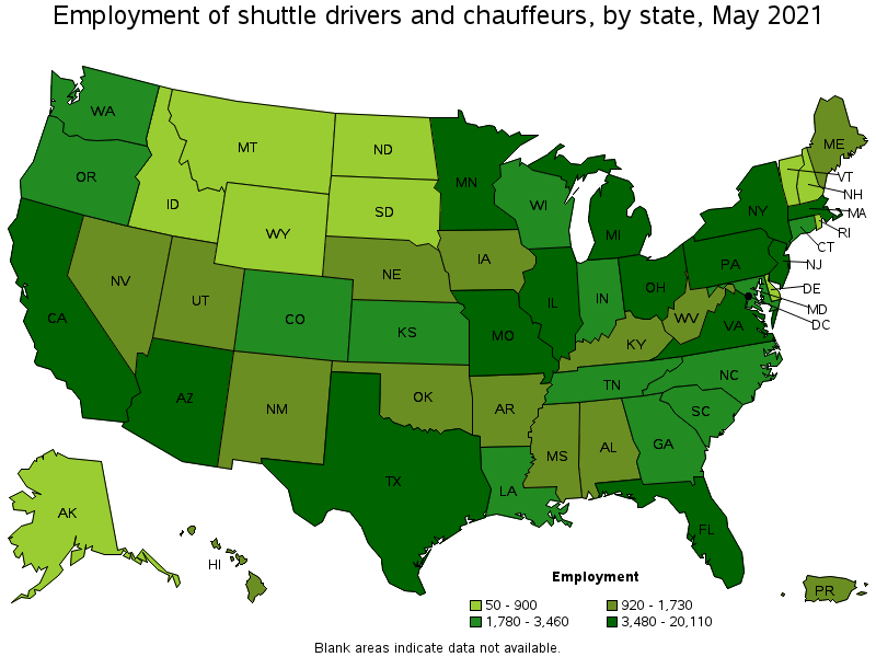Map of employment of shuttle drivers and chauffeurs by state, May 2021