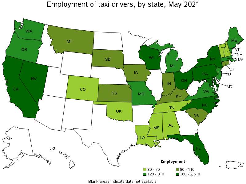 Map of employment of taxi drivers by state, May 2021
